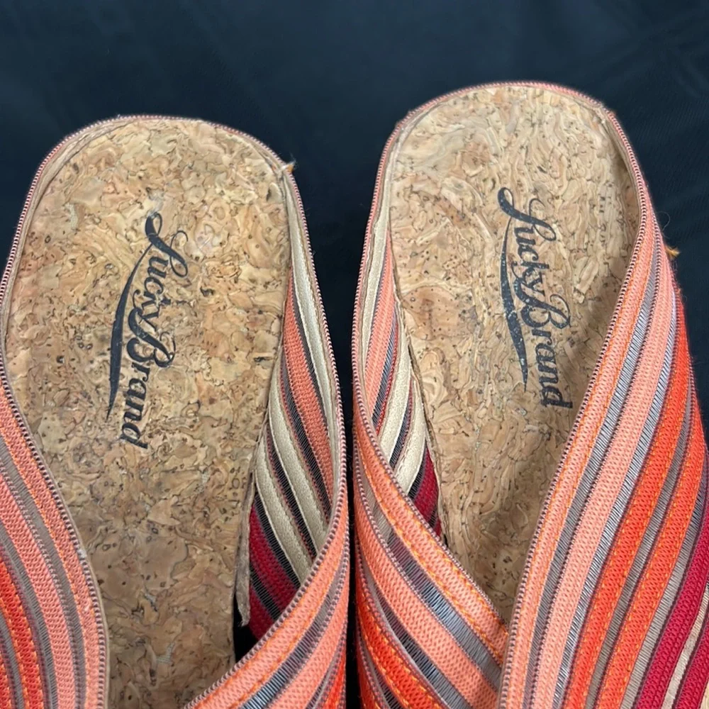 Lucky Brand Wedge Miller Cork Orange/Red Stripe Mesh Sandal 3 3/4 Inch Heel Sz 8